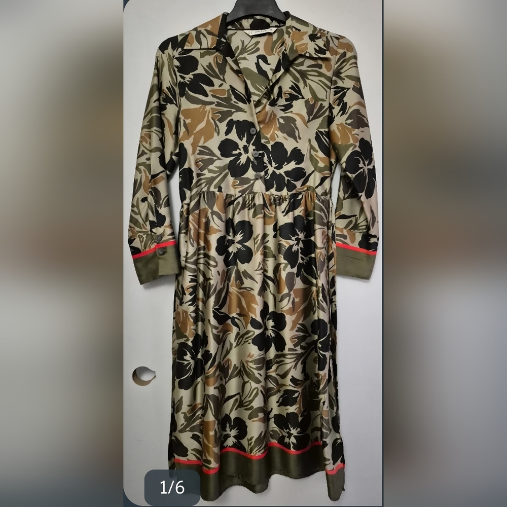 Zara Olive Black Tan Floral Midi Dress with Coral Trim